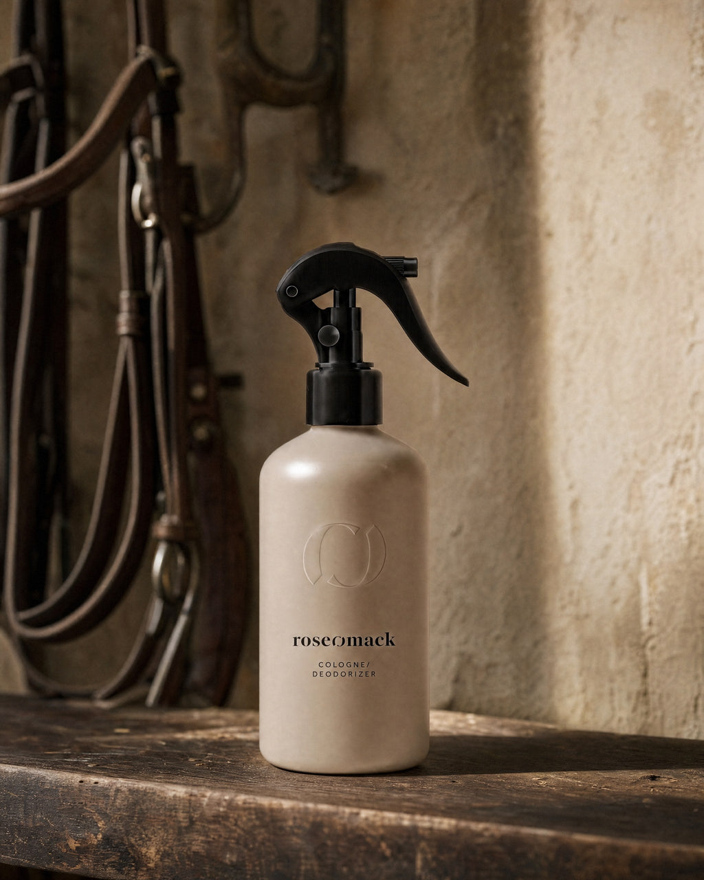 roseomack Cologne on a worn wooden bench in a tack room, leather bridles hanging on the plaster wall behind